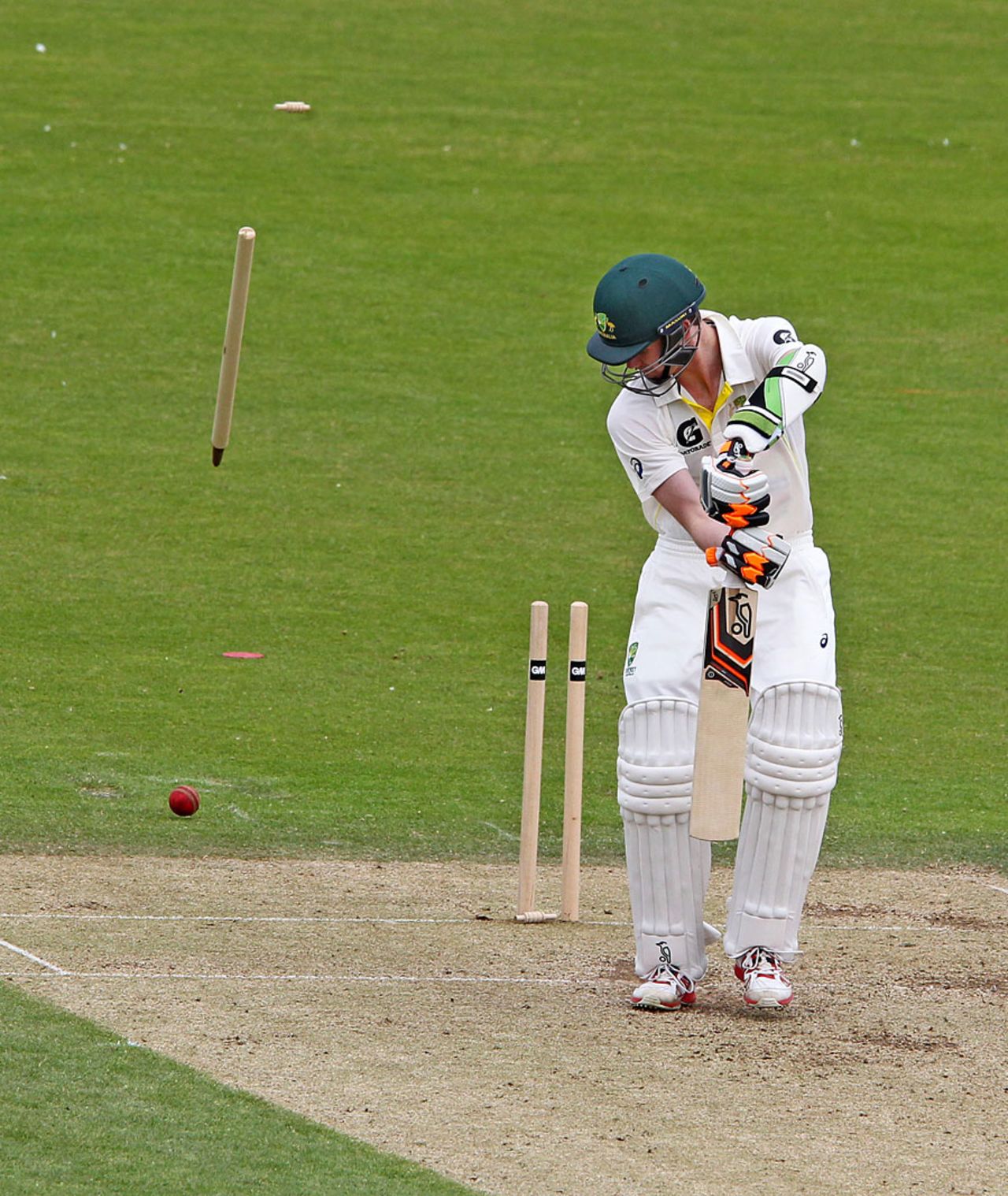 Sam Grimwade loses his off stump, England U-19s v Australia U-19s, Youth Test, Chester-le-Street, 2nd day, August 5, 2015