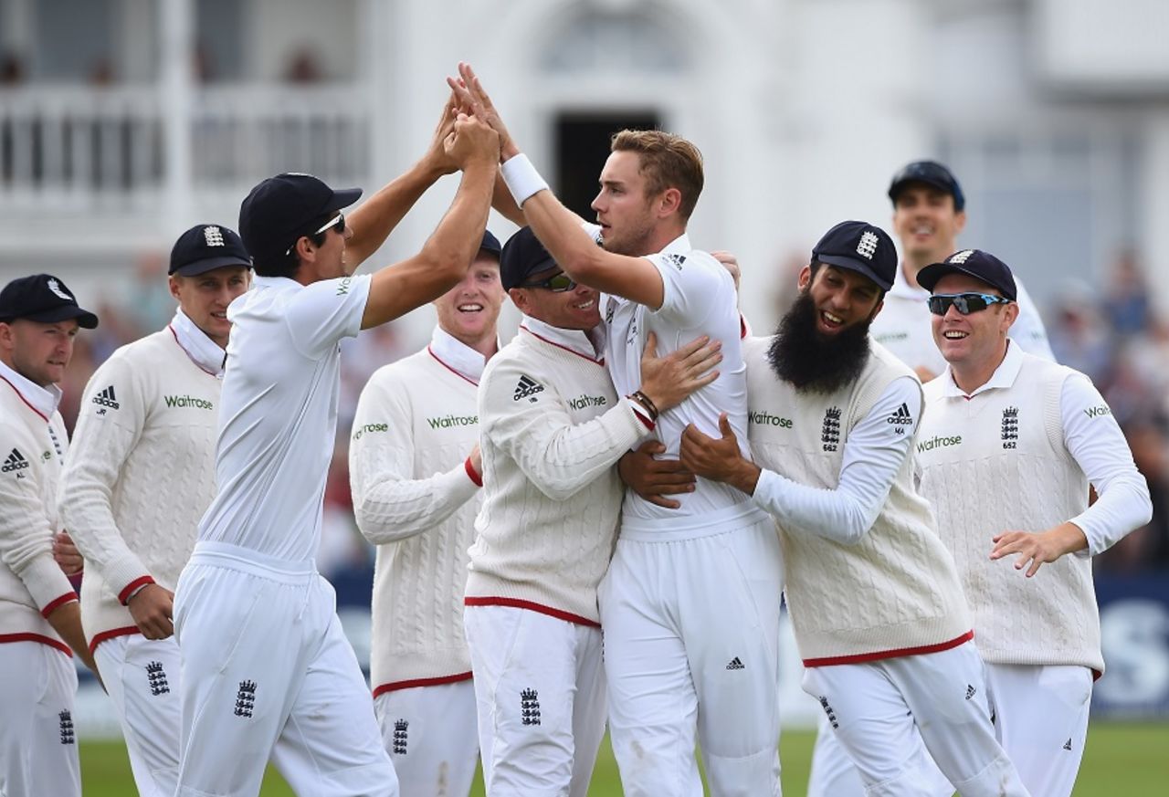 Stuart Broad is mobbed by his team-mates after reaching 300 Test wickets, England v Australia, 4th Investec Test, Trent Bridge, 1st day, August 6, 2015