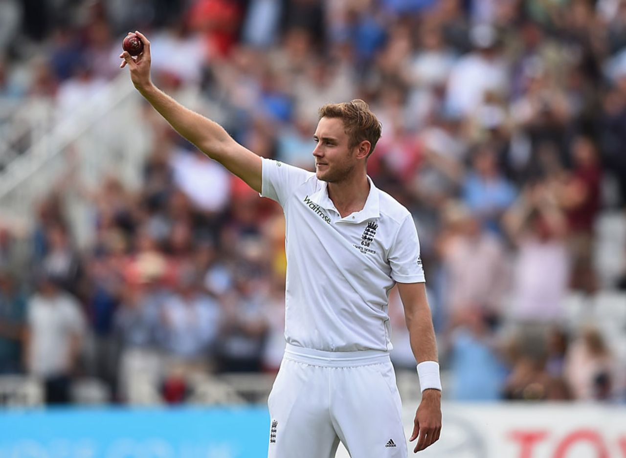 Stuart Broad salutes his turbo-charged five-wicket haul, England v Australia, 4th Investec Test, Trent Bridge, 1st day, August 6, 2015