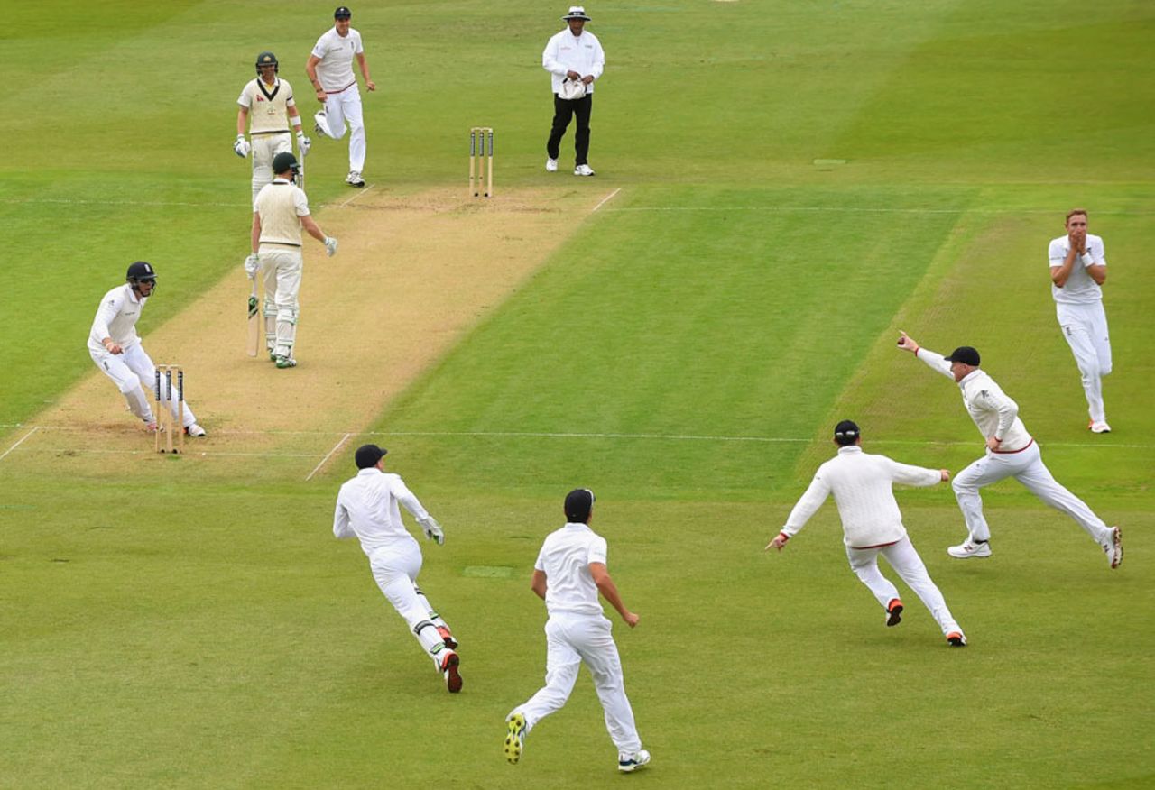 Adam Voges fell to a sensational one-handed catch from Ben Stokes at fifth slip, England v Australia, 4th Investec Test, Trent Bridge, 1st day, August 6, 2015