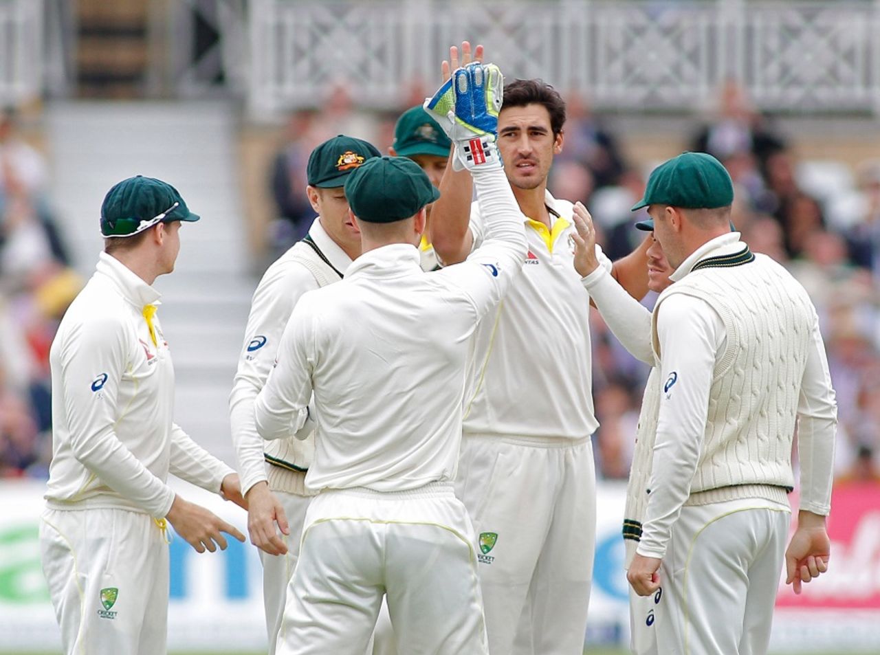 Mitchell Starc is mobbed by his team-mates, England v Australia, 4th Investec Test, Trent Bridge, 2nd day, August 7, 2015