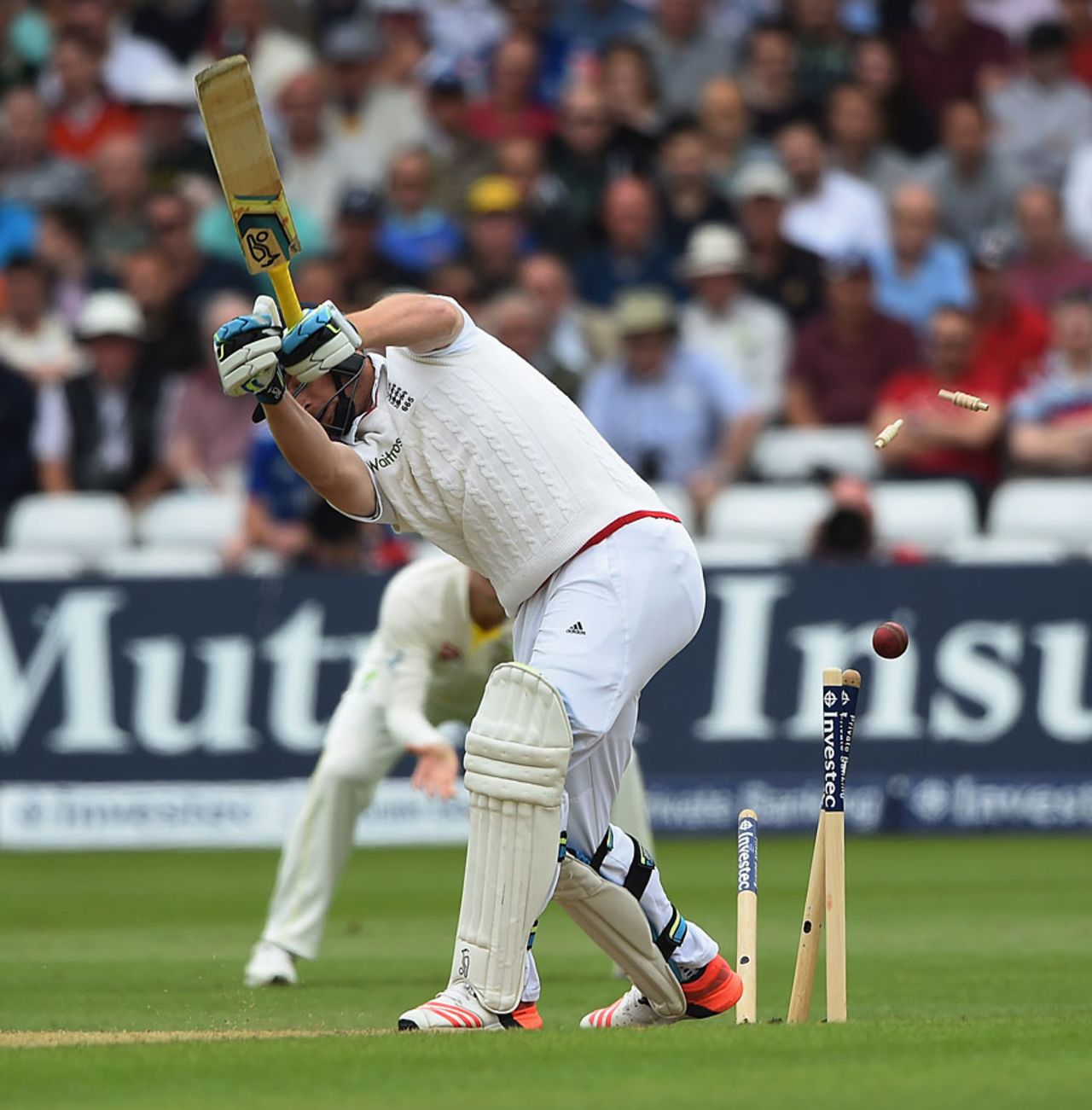 Jos Buttler missed a drive at Mitchell Starc, England v Australia, 4th Investec Test, Trent Bridge, 2nd day, August 7, 2015