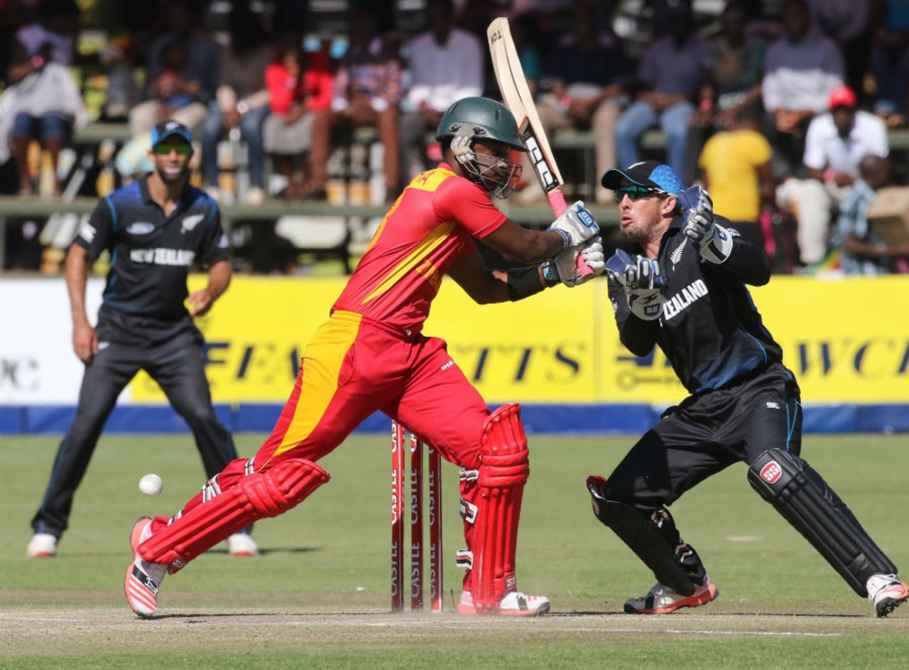 Chamu Chibhabha attempts a swivel pull shot, Zimbabwe v New Zealand, third ODI, Harare, August 7, 2015