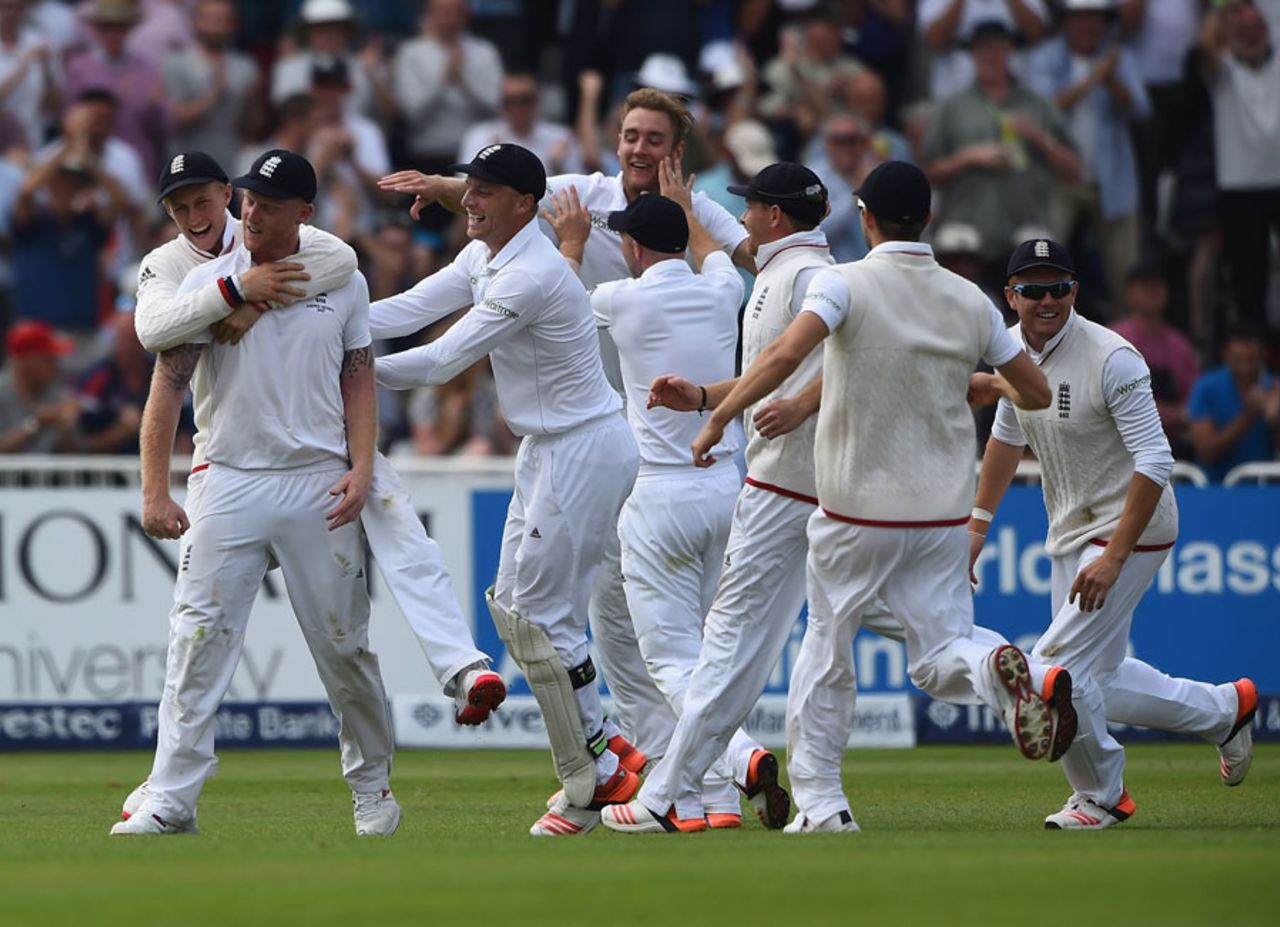 England's fielders mob Ben Stokes after his catch to dismiss Steve Smith, England v Australia, 4th Investec Test, Trent Bridge, 2nd day, August 7, 2015