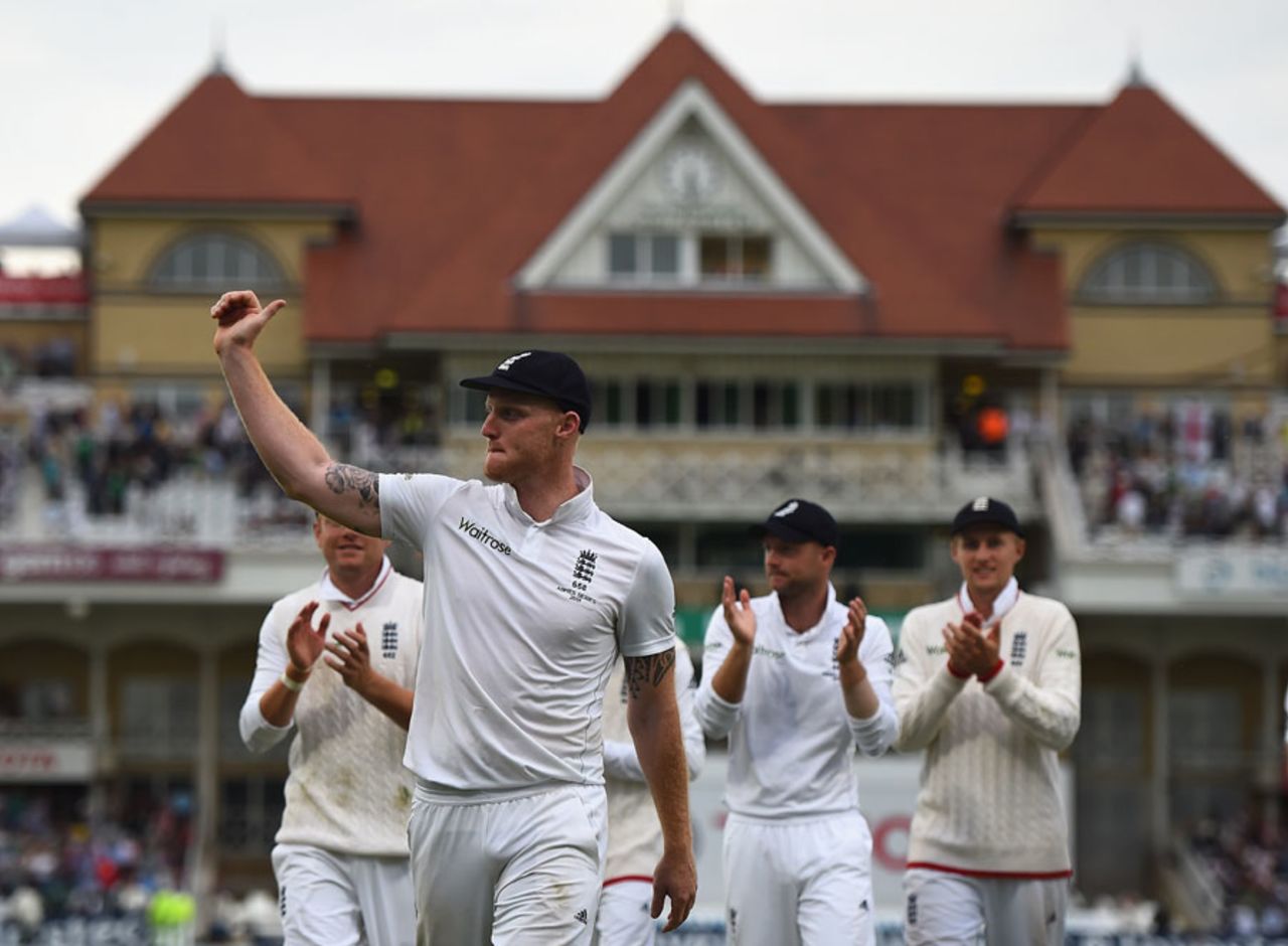 Ben Stokes salutes the crowd after bowling England to the brink of Ashes victory, England v Australia, 4th Investec Test, Trent Bridge, 2nd day, August 7, 2015