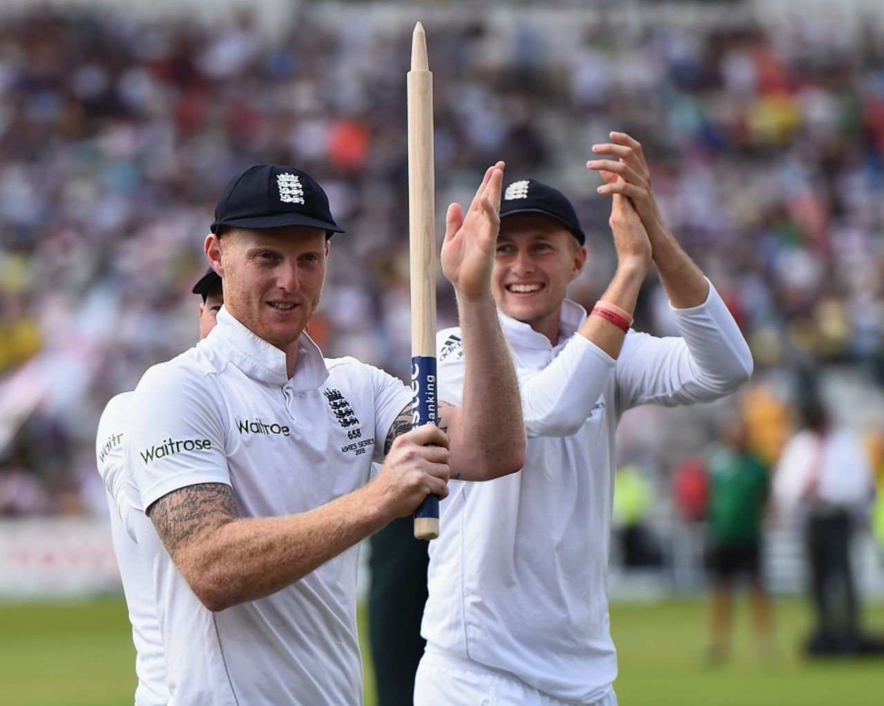 Ben Stokes and Joe Root salute the crowd, England v Australia, 4th Investec Test, Trent Bridge, 3rd day, August 8, 2015