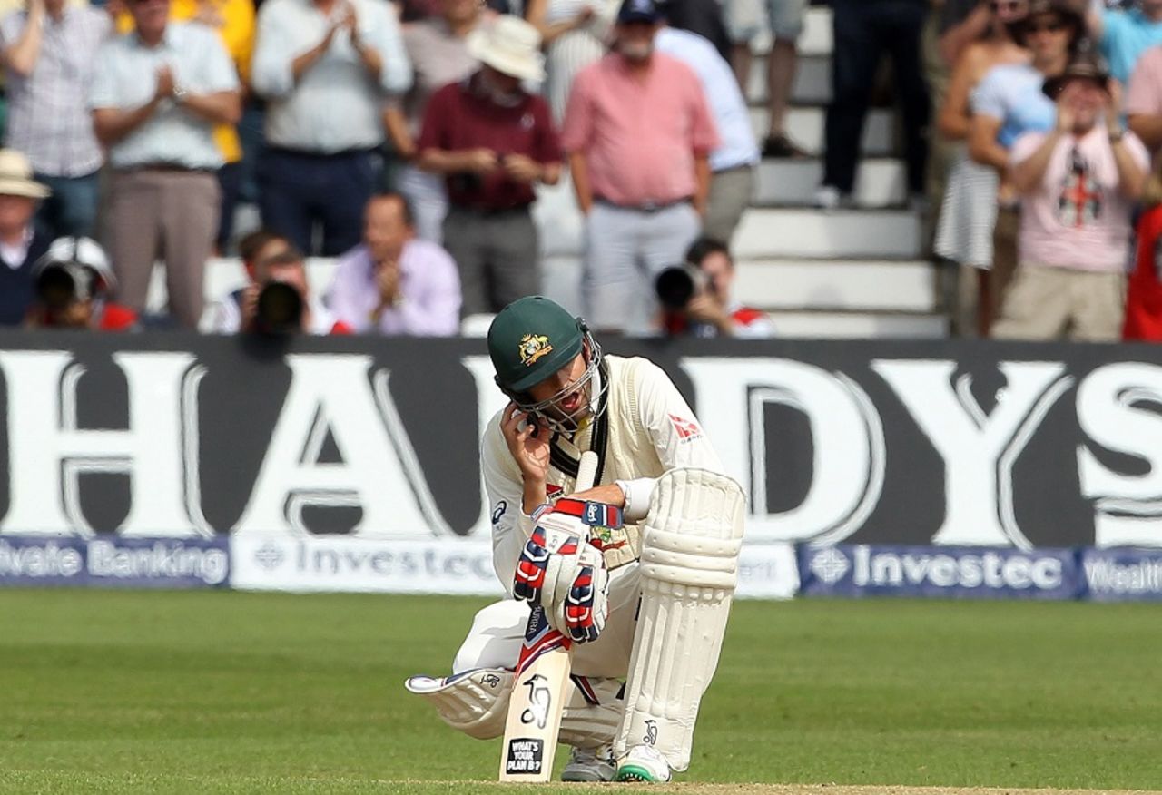 Nathan Lyon dropped to his knees after he was the last man out, England v Australia, 4th Investec Test, Trent Bridge, 3rd day, August 8, 2015