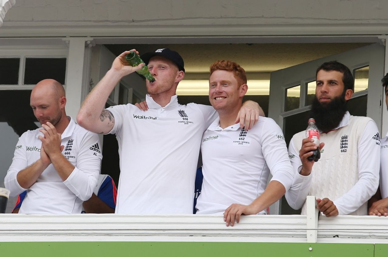 Adam Lyth, Ben Stokes, Jonny Bairstow, and Moeen Ali rejoice after the crushing win, England v Australia, 4th Investec Test, Trent Bridge, 3rd day, August 8, 2015