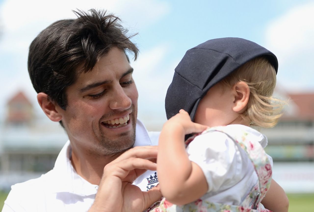 Alastair Cook shares a lighter moment with his daughter, England v Australia, 4th Investec Test, Trent Bridge, 3rd day, August 8, 2015