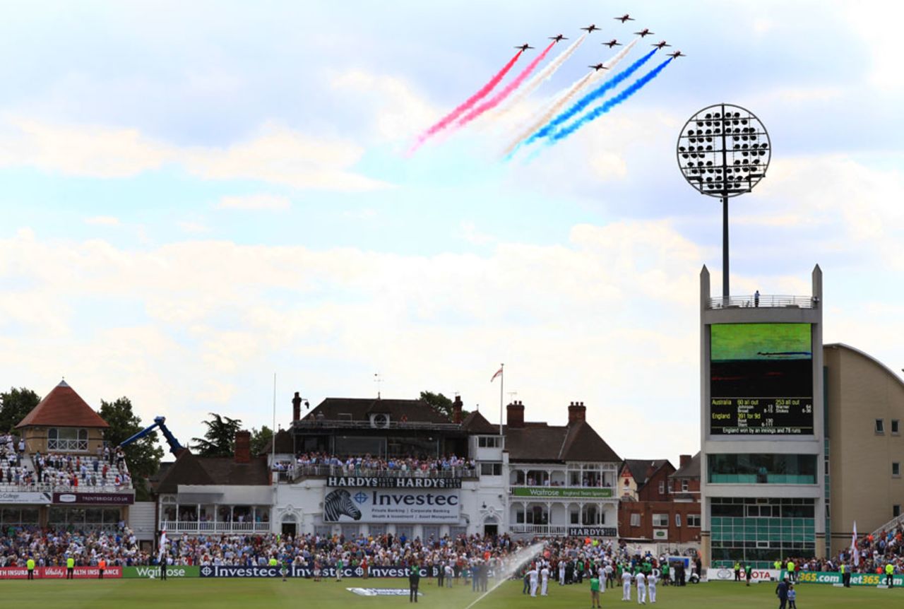 The Red Arrows give a red, white and blue salute to England having secured the Ashes, England v Australia, 4th Investec Test, Trent Bridge, 3rd day, August 8, 2015
