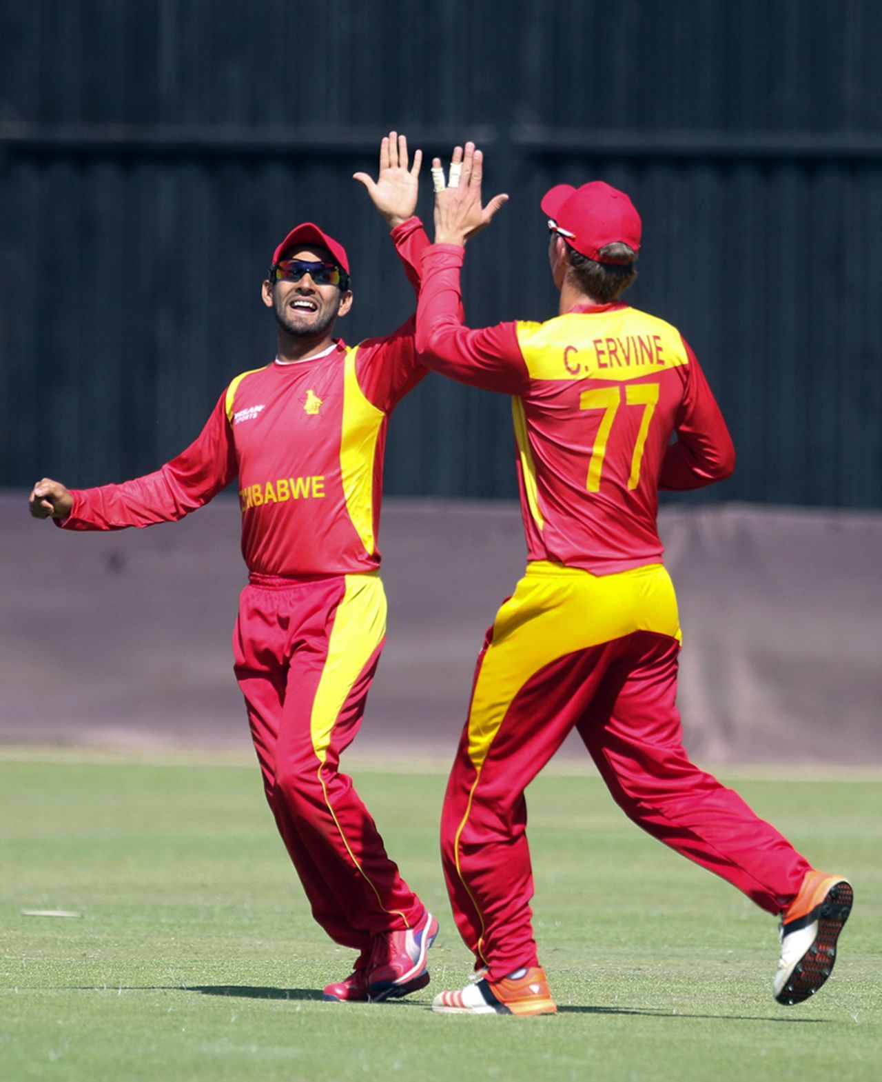 Sikandar Raza and Craig Ervine celebrate a wicket, Zimbabwe v New Zealand, only T20I, Harare, August 9, 2015