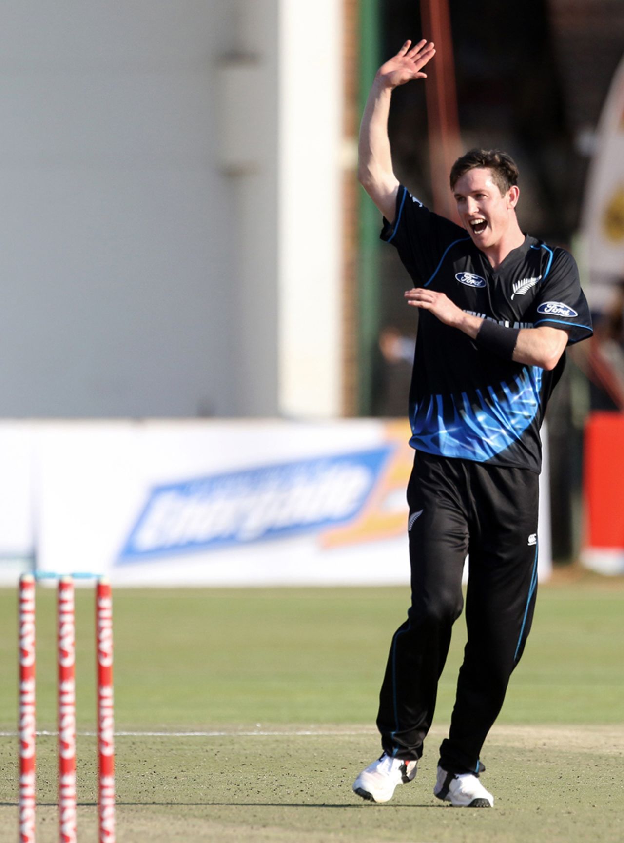 Adam Milne was New Zealand's best bowler with returns of 2 for 10 in his four overs, Zimbabwe v New Zealand, only T20I, Harare, August 9, 2015