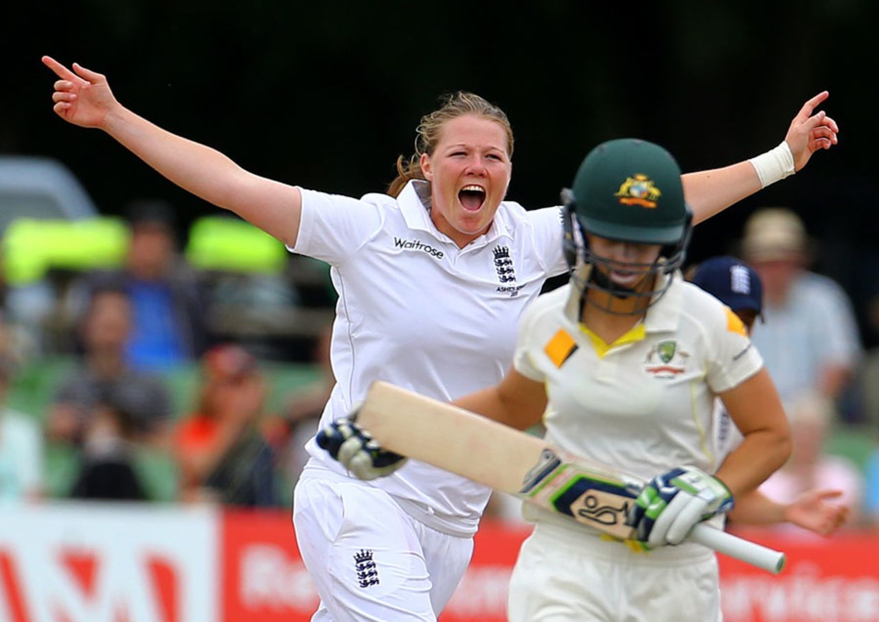 Anya Shrubsole celebrates the wicket of Nicole Bolton, England v Australia, Women's Ashes Test, Canterbury, 1st day, August 11, 2015