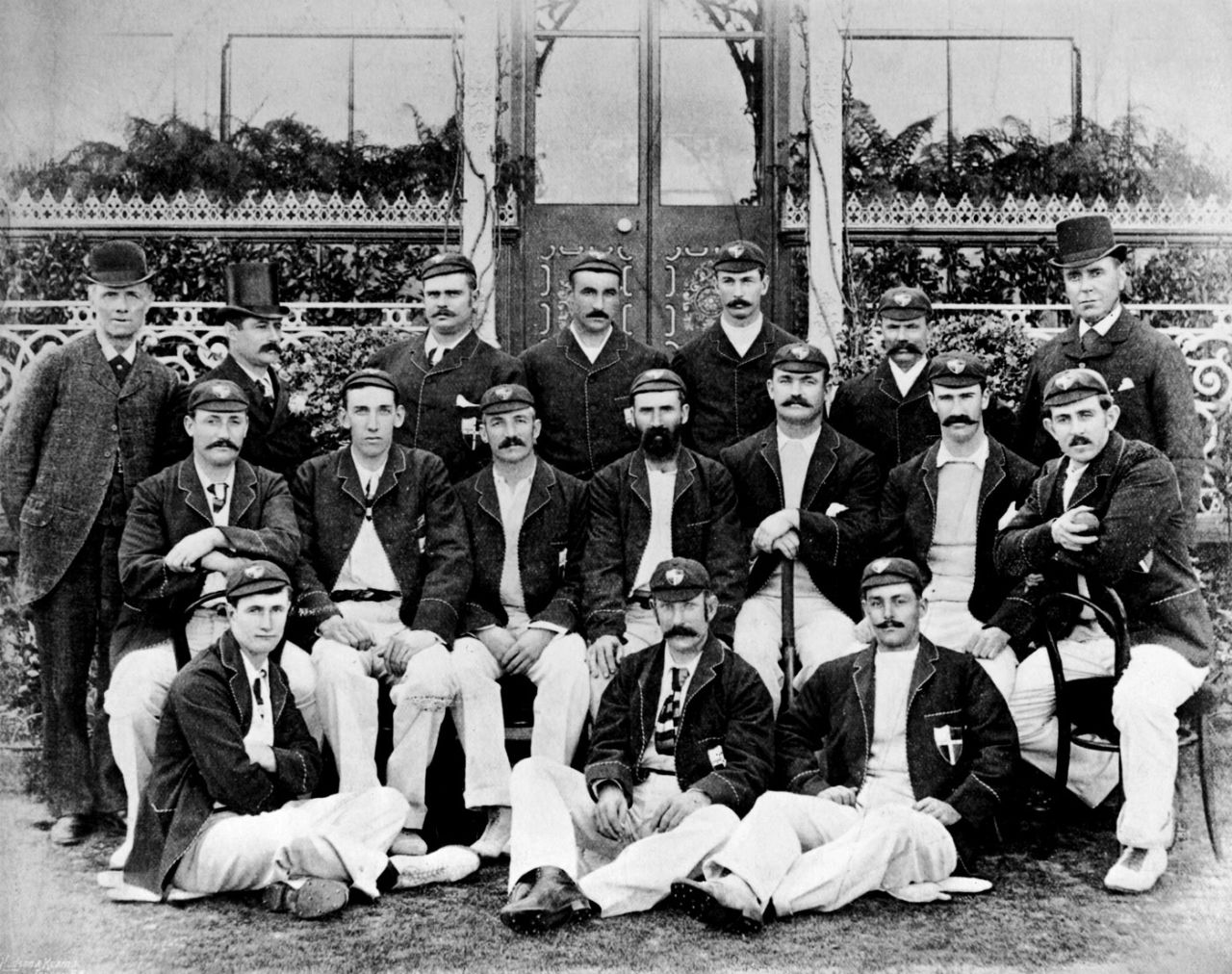 The Australian team in England, 1893. Back row (left to right): Carpenter (umpire), V Cohen (manager), Affie Jarvis, Walter Giffen, William Bruce, Alec Bannerman and umpire Thoms. Middle row: Harry Trott, Hugh Trumble, George Giffen, Jack Blackham (captain), JJ Lyons, Bob McLeod and Charlie Turner. Front row: Harry Graham, Arthur Coningham and Syd Gregory