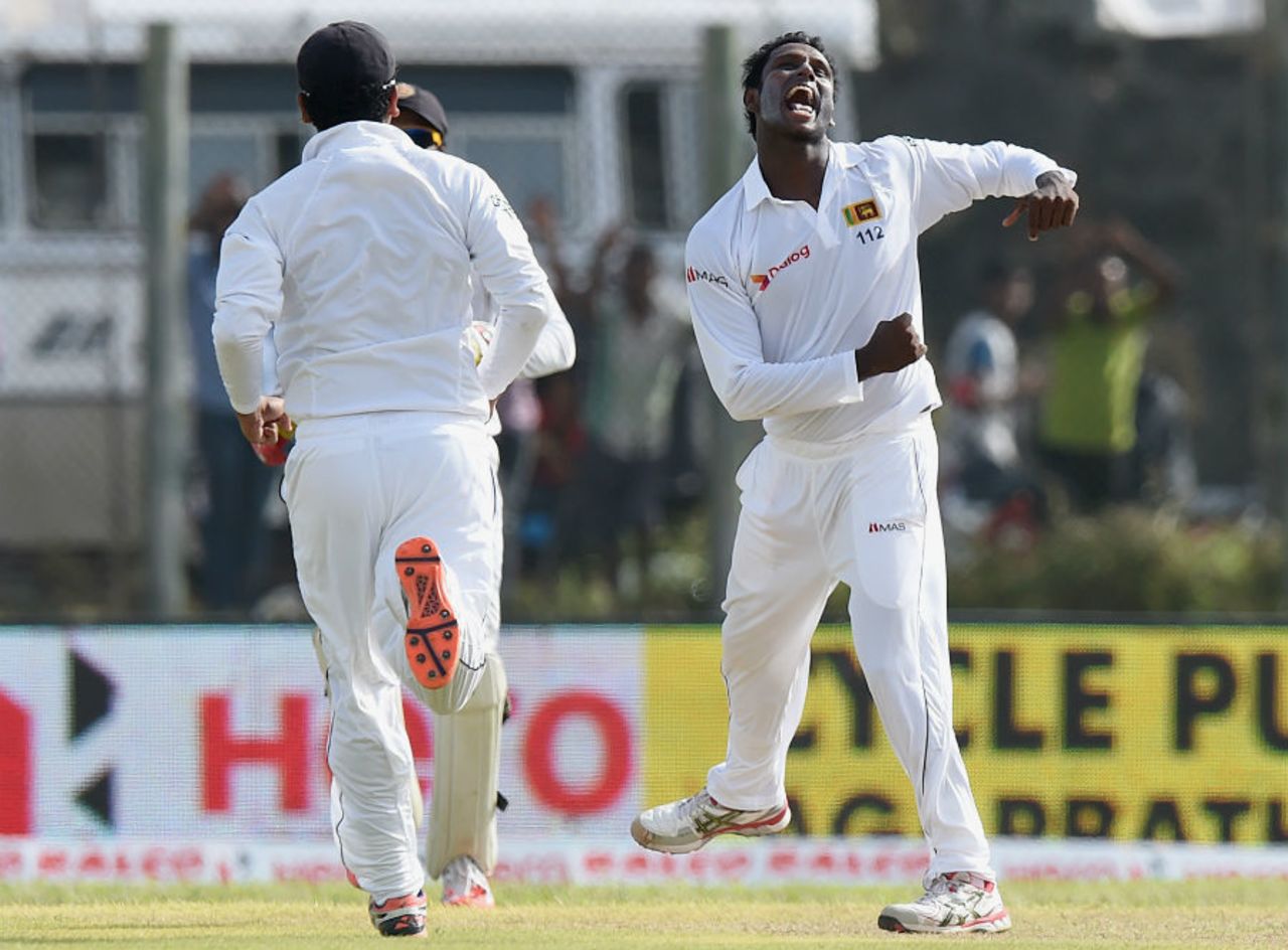 Angelo Mathews is elated after dismissing Rohit Sharma, Sri Lanka v India, 1st Test, Galle, 1st day, August 12, 2015