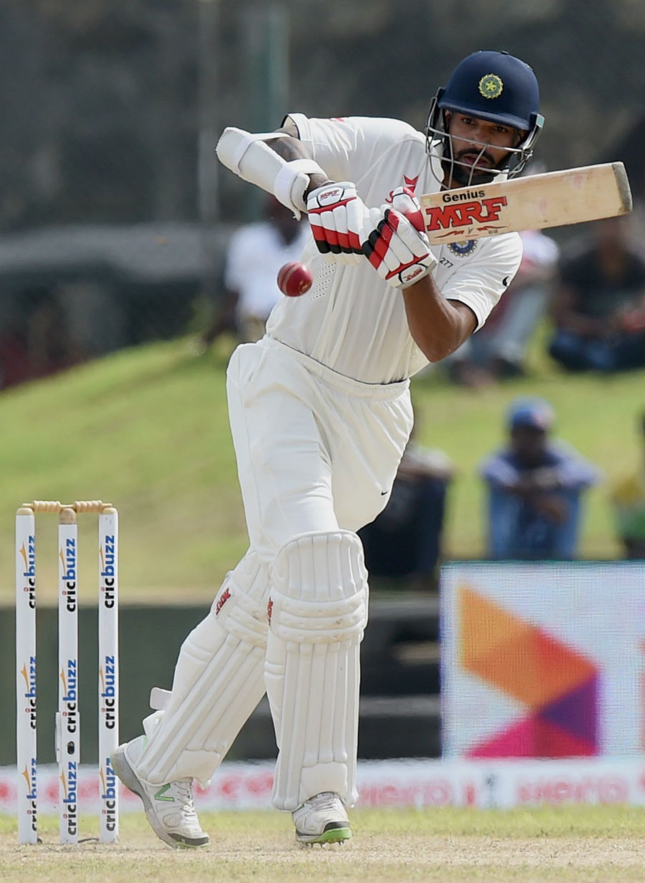 Shikhar Dhawan hits it towards long on, Sri Lanka v India, 1st Test, Galle, 1st day, August 12, 2015