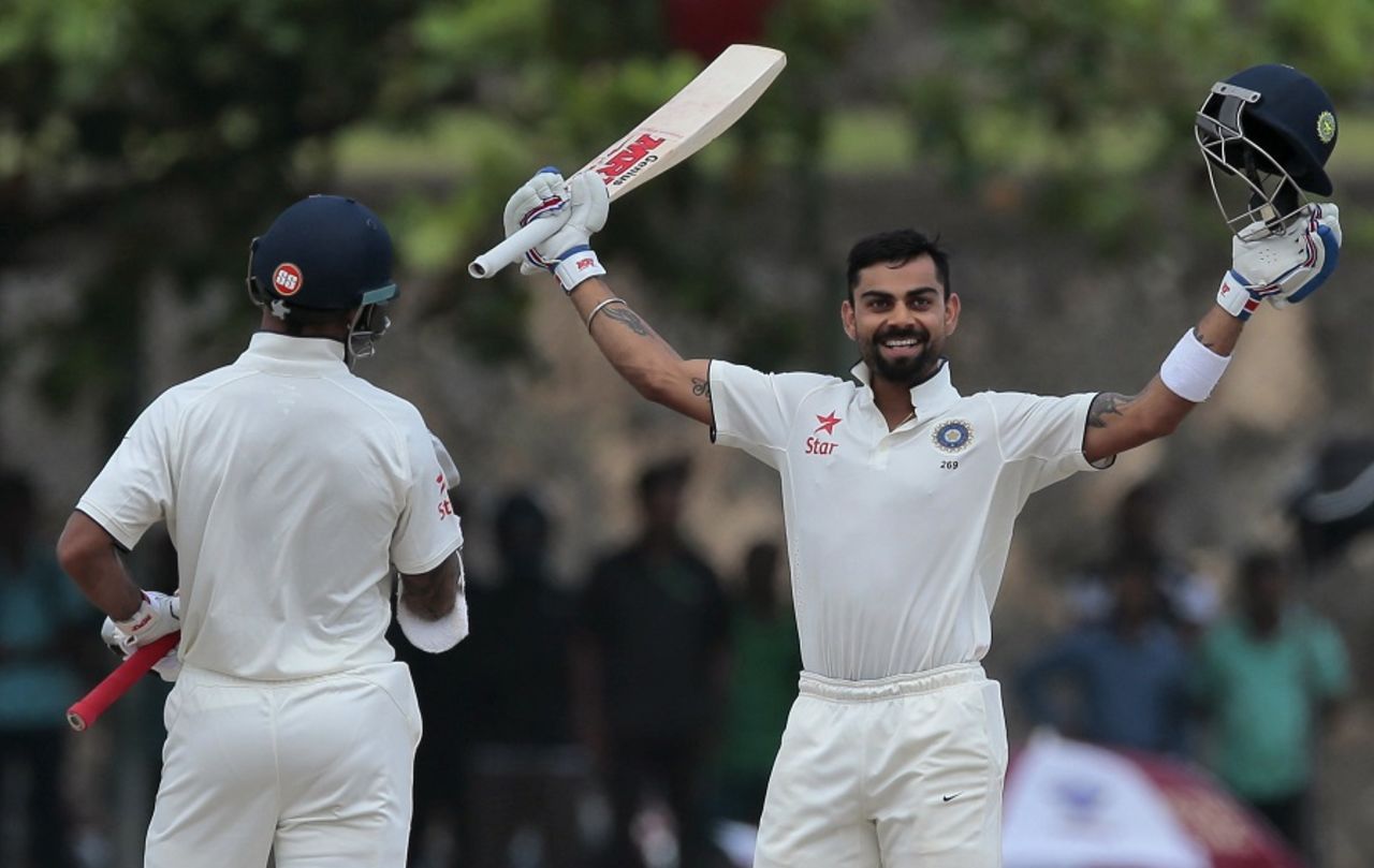 Virat Kohli is elated after completing his century, Sri Lanka v India, 1st Test, Galle, 2nd day, August 13, 2015