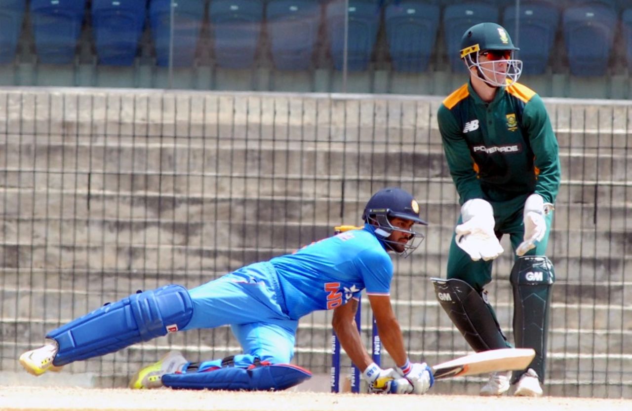 Manish Pandey falls over while hitting one through the leg side, India v South Africa, A-team tri-series, August 13, 2015