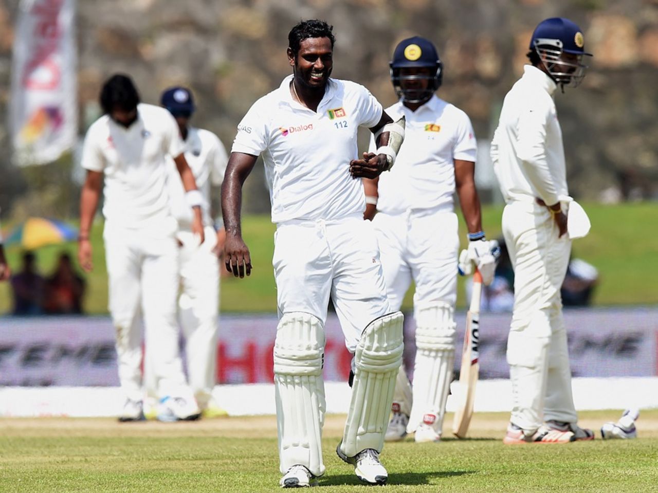Angelo Mathews winces after getting hit by Ishant Sharma, Sri Lanka v India, 1st Test, Galle, 3rd day, August 14, 2015