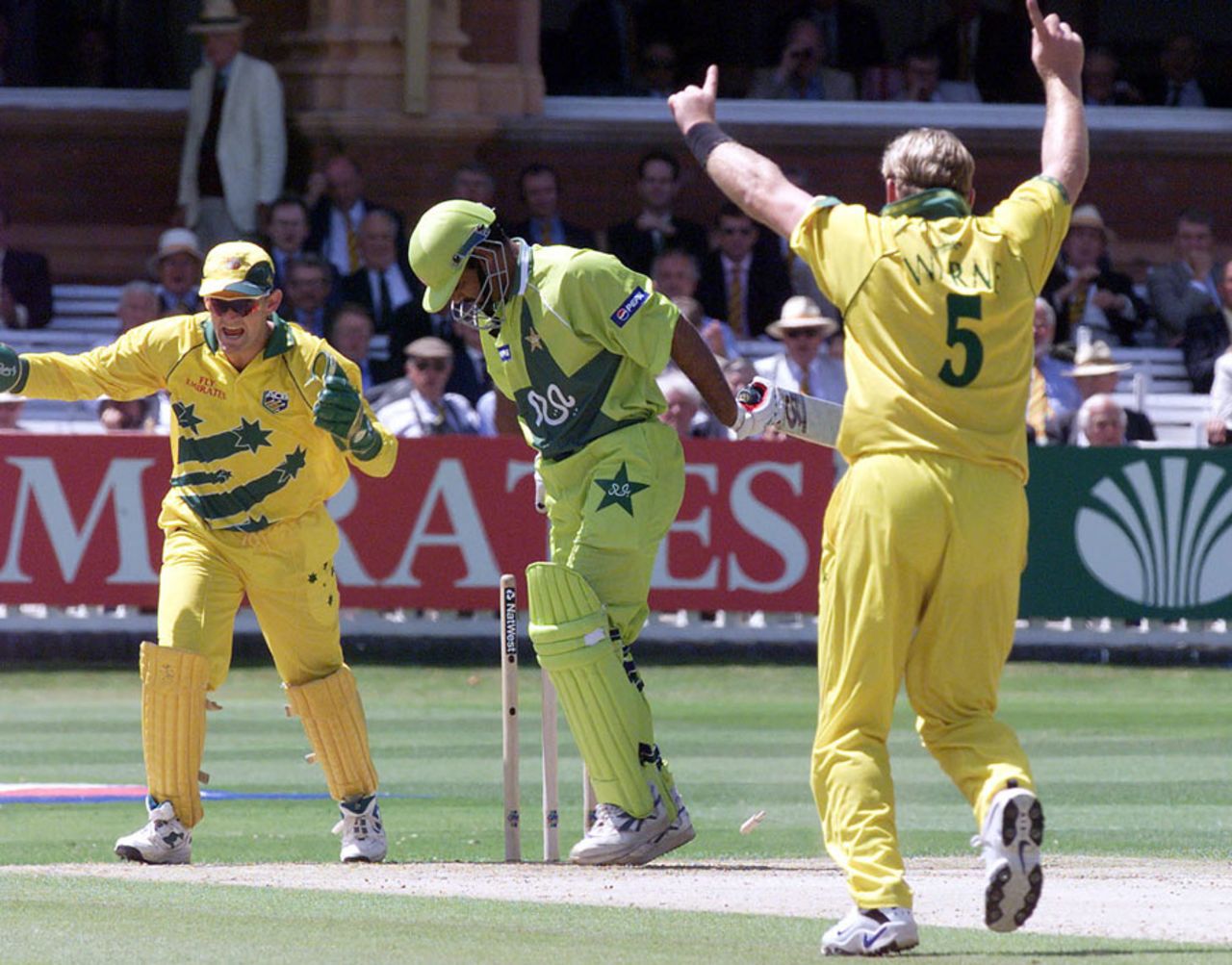 Australian Shane Warne gestures with joy as he takes his first wicket, that of Ijaz Ahmed of Pakistan, Australia v Pakistan, World Cup final , 20 June 1999, Lord's
