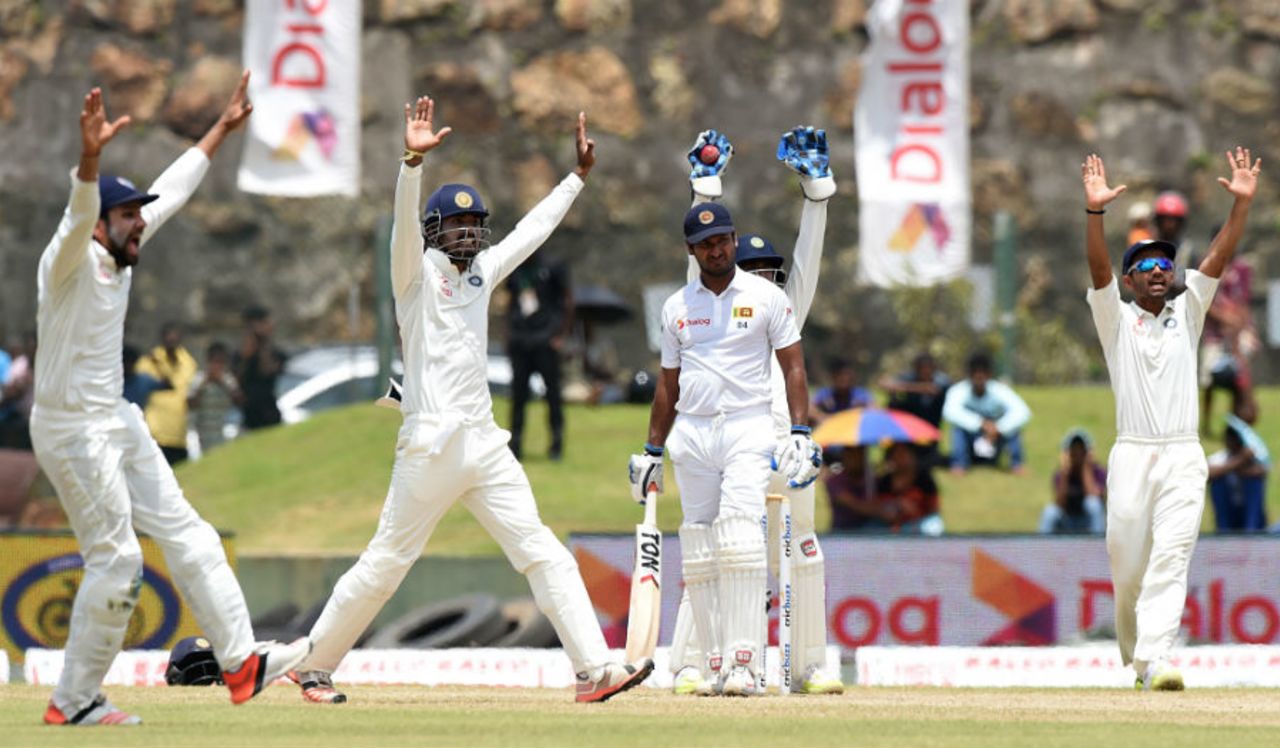 India players appeal for the wicket of Kumar Sangakkara, Sri Lanka v India, 1st Test, Galle, 3rd day, August 14, 2015