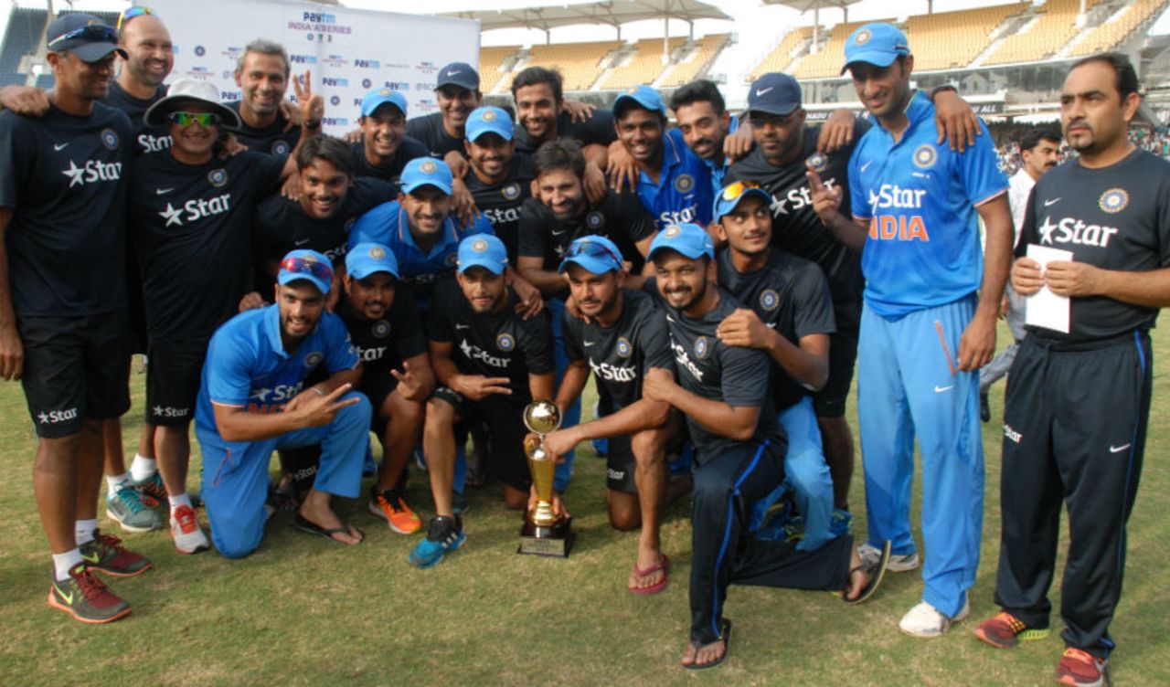 A jubilant India A team with the trophy, India v Australia, A-team tri-series, final, Chennai, August 14, 2015