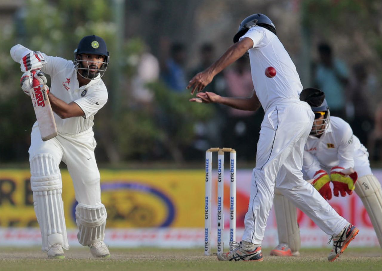 Shikhar Dhawan drives into the off side, Sri Lanka v India, 1st Test, Galle, 3rd day, August 14, 2015