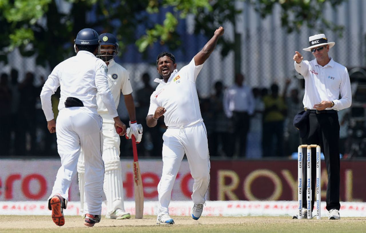 Rangana Herath exults after trapping Ishant Sharma lbw, Sri Lanka v India, 1st Test, Galle, 4th day, August 15, 2015