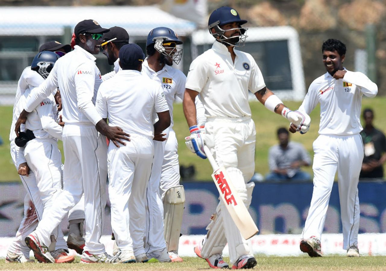 Virat Kohli was dismissed for 3 by Tharindu Kaushal, Sri Lanka v India, 1st Test, Galle, 4th day, August 15, 2015