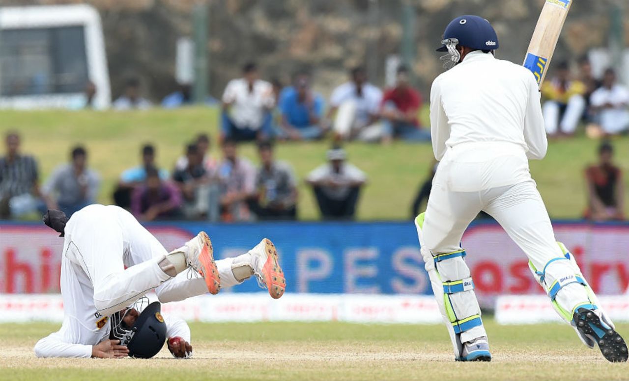 Turning the tables: Kaushal Silva completes a catch to dismiss Harbhajan Singh, Sri Lanka v India, 1st Test, Galle, 4th day, August 15, 2015