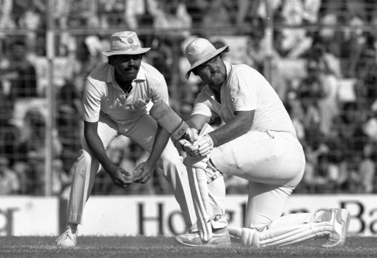Mike Gatting sweeps on his way to his maiden Test century, India v England, 1st Test, Bombay, November 1984