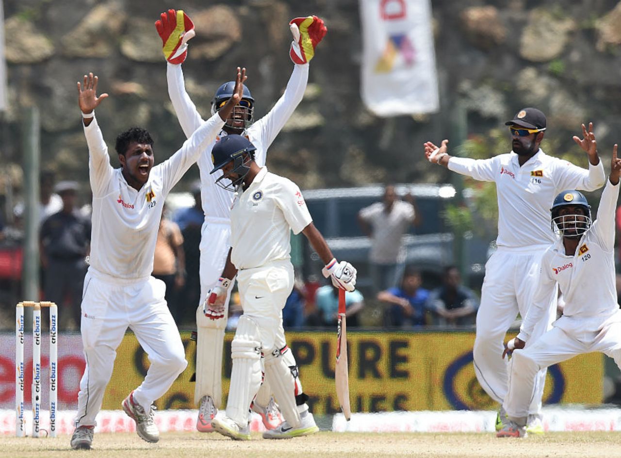 Tharindu Kaushal appeals unsuccessfully for an lbw against Amit Mishra, Sri Lanka v India, 1st Test, Galle, 4th day, August 15, 2015