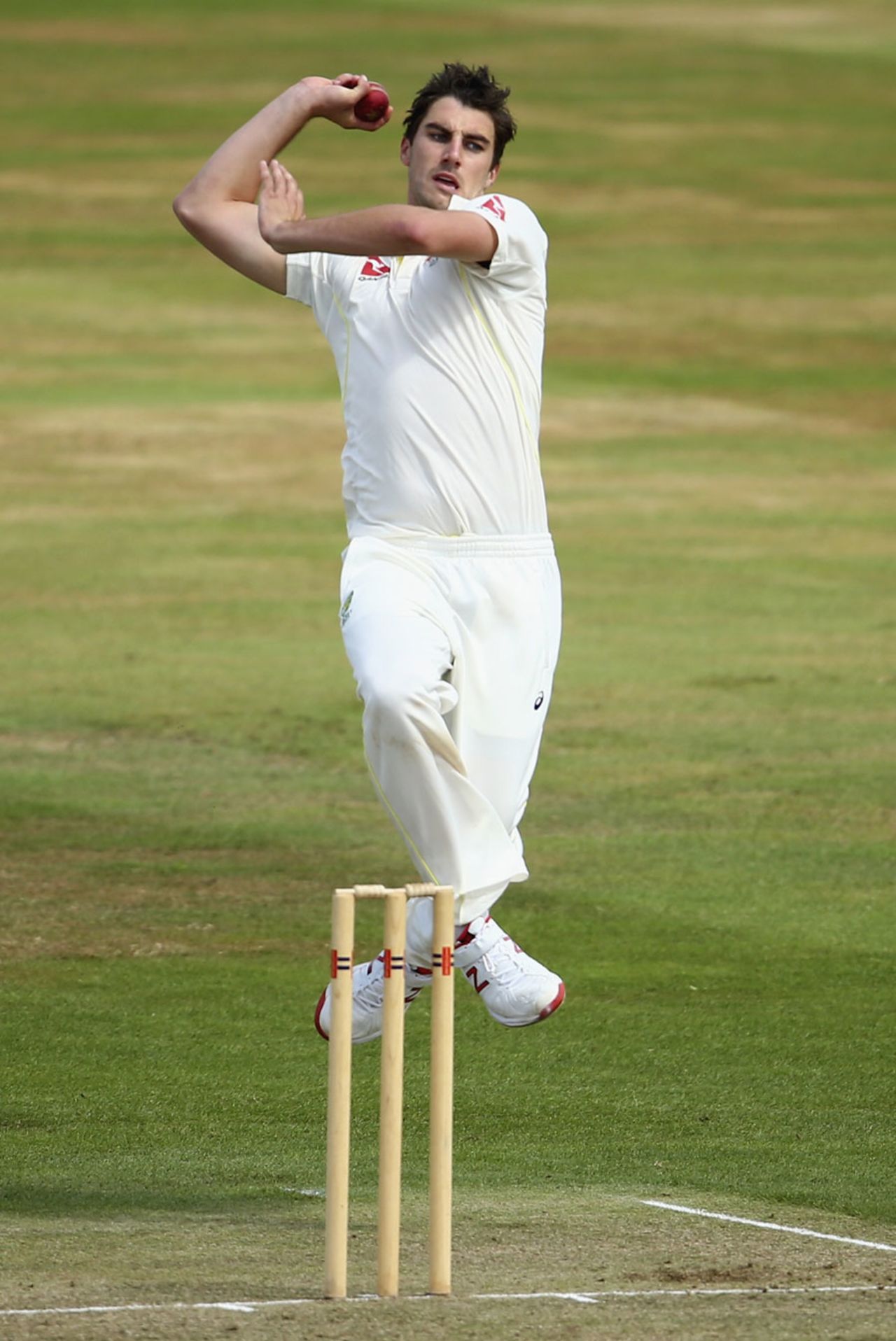 Pat Cummins launches into his delivery stride, Northamptonshire v Australians, Tour match, Northampton, 2nd day, August 15, 2015
