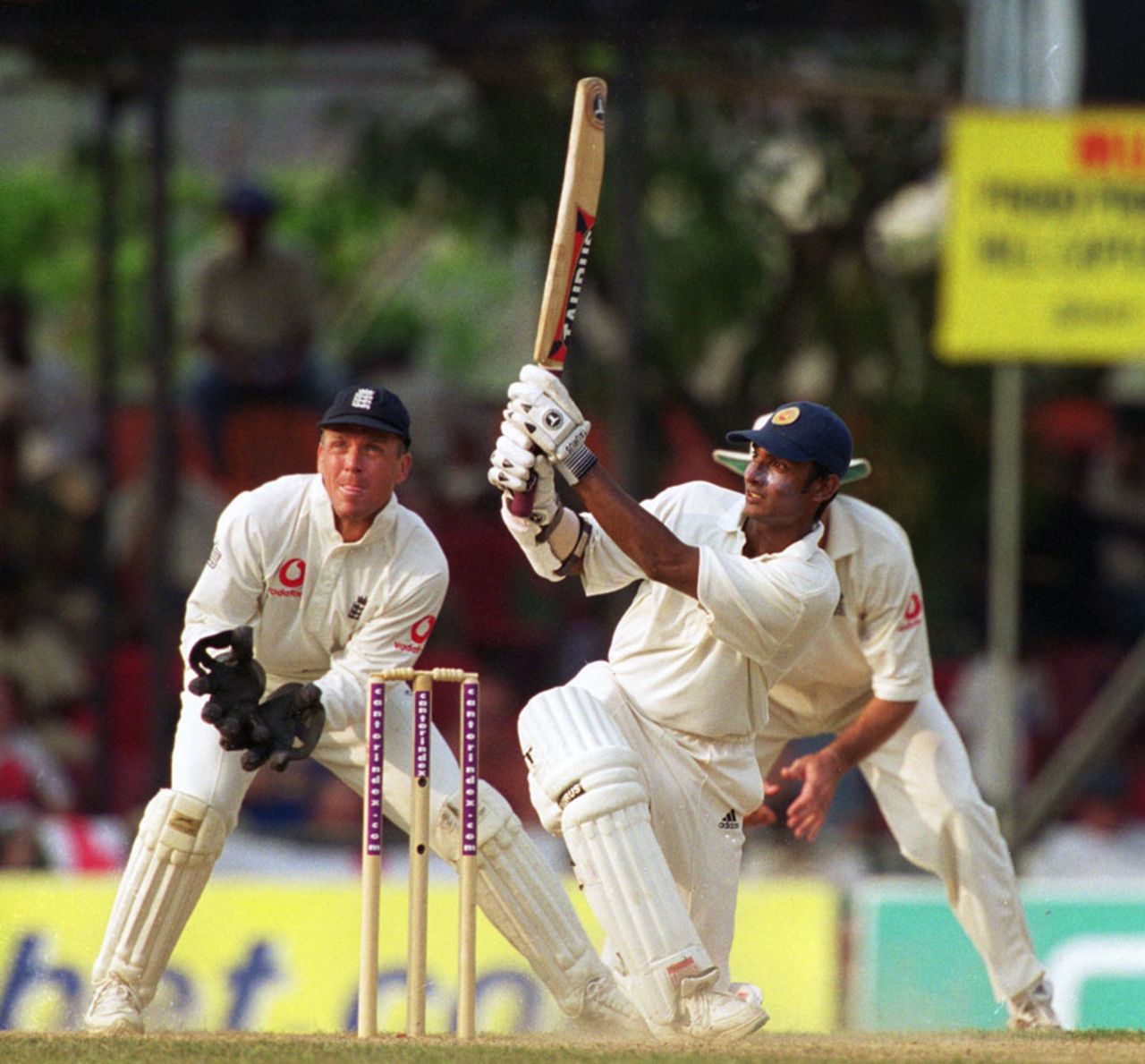 Kumar Sangakkara sweeps en route to his 184-ball 95, Sri Lanka v England, 2nd Test, Kandy, March 9, 2001