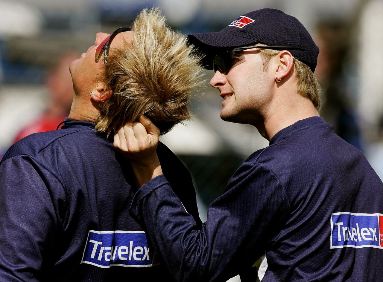 Michael Clarke gets rough with Shane Warne, Edgbaston, August 3, 2005