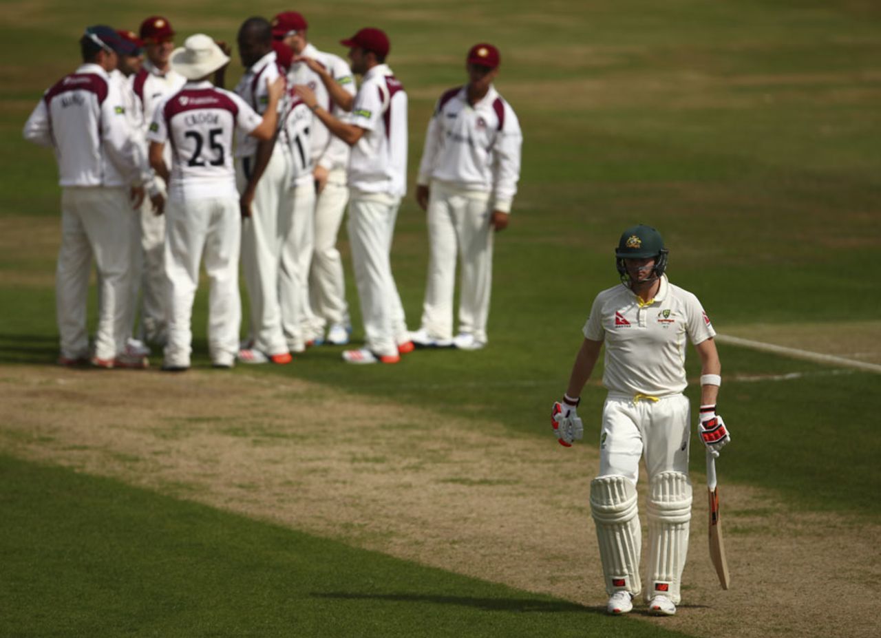 Steven Smith departed for a duck, Northamptonshire v Australians, Tour match, Northampton, 3rd day, August 16, 2015
