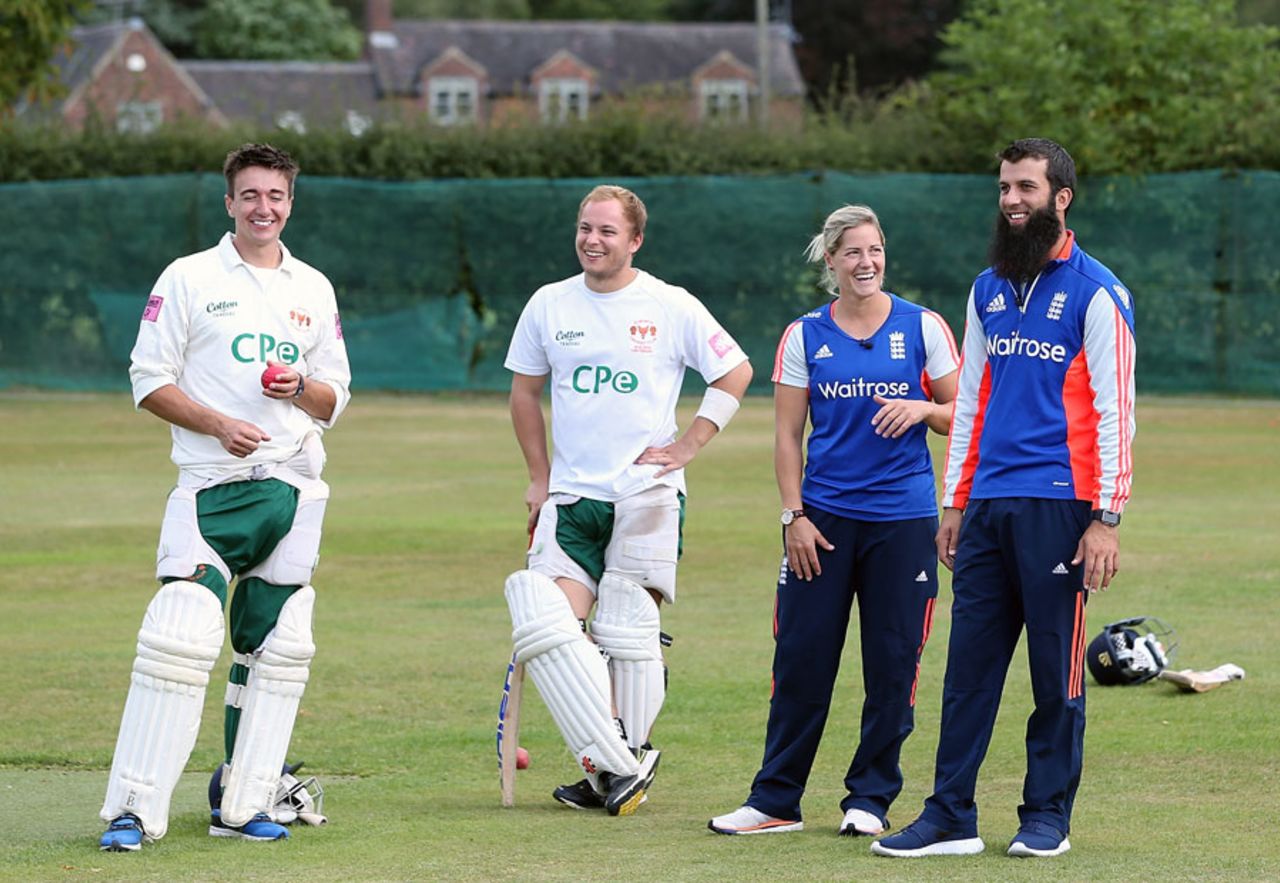 Katherine Brunt and Moeen Ali provide coaching at a club open day, Sandbach, August 16, 2015