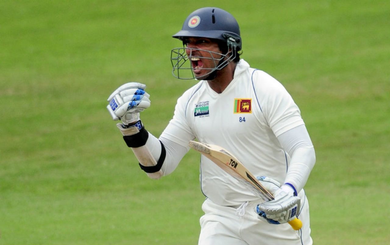 Kumar Sangakkara is all fired up after reaching his hundred, South Africa v Sri Lanka, 2nd Test, Durban, 3rd day, December 28, 2011