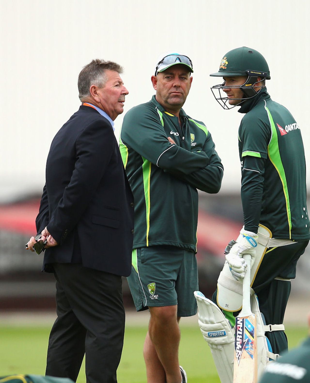 Austrralian captain Michael Clarke chats ahead of his final Test to chairman of selectors Rod Marsh (left) and coach Darren Lehmann during practice at The Oval