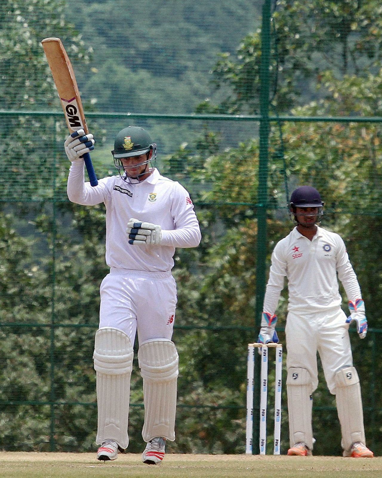 Quinton de Kock raises his bat after completing a century, India A v South Africa A, 1st unofficial Test, Wayanad, 2nd day, August 19, 2015
