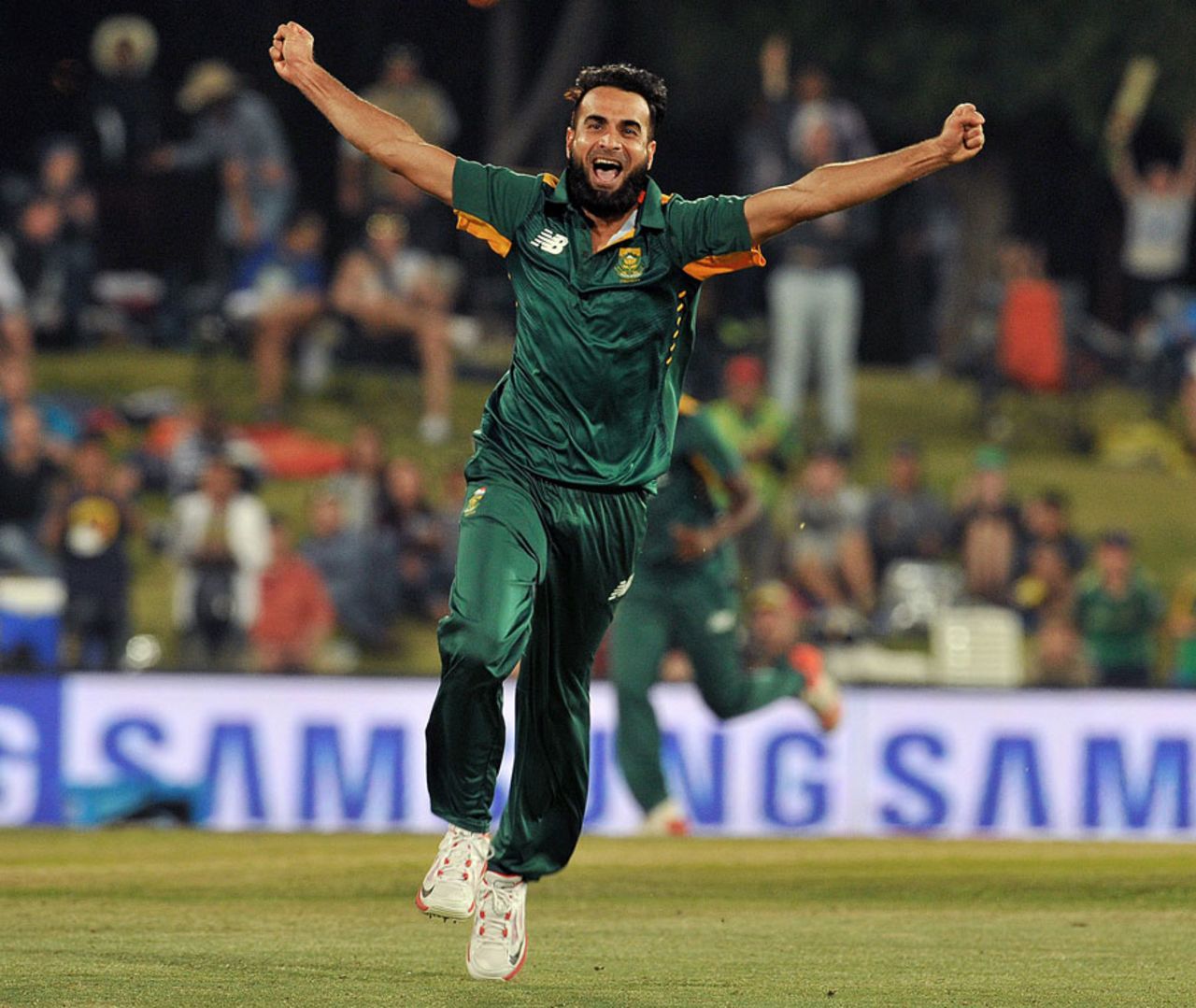 Imran Tahir is ecstatic after taking the wicket of Kane Williamson, South Africa v New Zealand, 1st ODI, Centurion, August 19, 2015