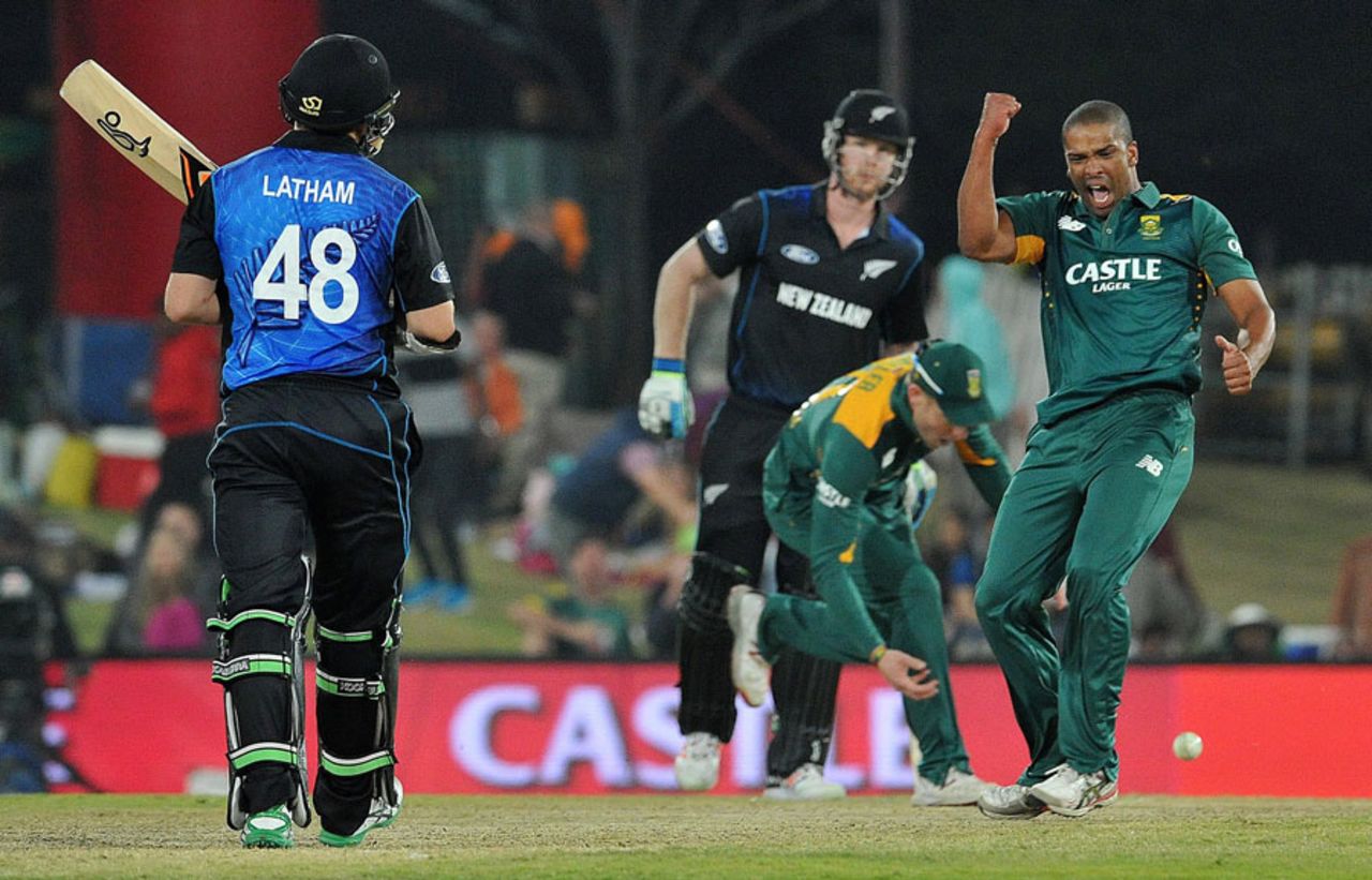 Vernon Philander is pumped after picking up the wicket of Tom Latham, South Africa v New Zealand, 1st ODI, Centurion, August 19, 2015