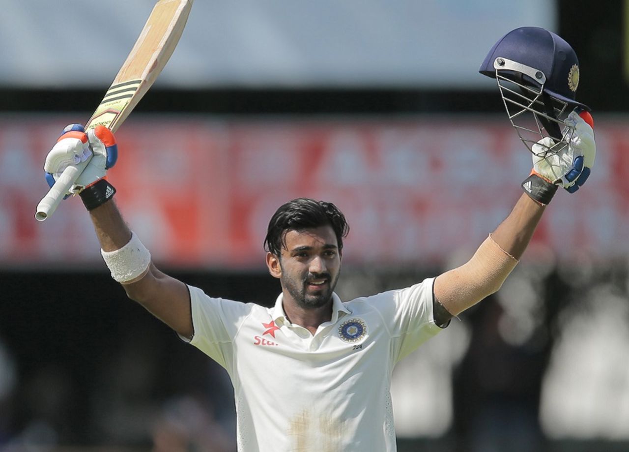 KL Rahul celebrates after completing his second Test century, Sri Lanka v India, 2nd Test, P Sara Oval, Colombo, 1st day, August 20, 2015
