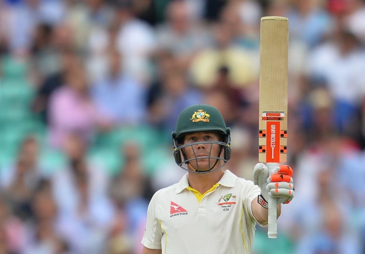 David Warner raises his bat after completing a fifty,  England v Australia, 5th Investec Ashes Test, The Oval, August 20, 2015