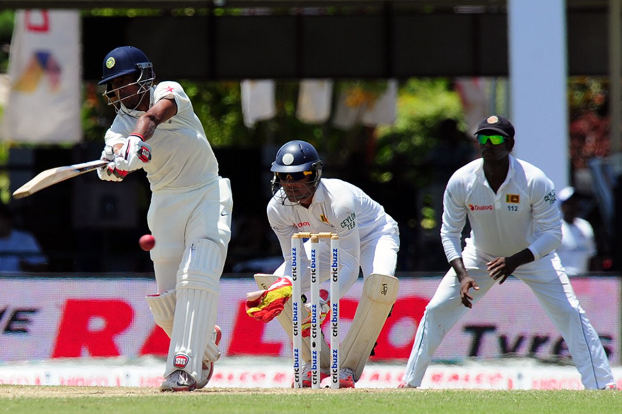 Wriddhiman Saha tries to steer the ball towards the leg side during his fifty, Sri Lanka v India, 2nd Test, Colombo, 2nd day, August 21, 2015