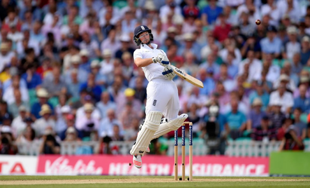 Adam Lyth drops his hands on a lifter as England begin their first innings,  England v Australia, 5th Investec Ashes Test, The Oval, 2nd day, August 21, 2015