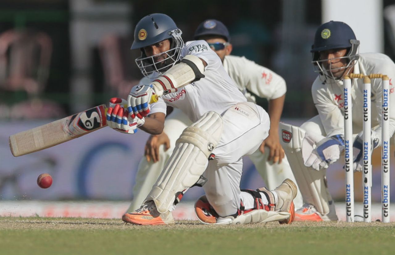 Kaushal Silva gets down to sweep, Sri Lanka v India, 2nd Test, Colombo, 2nd day, August 21, 2015