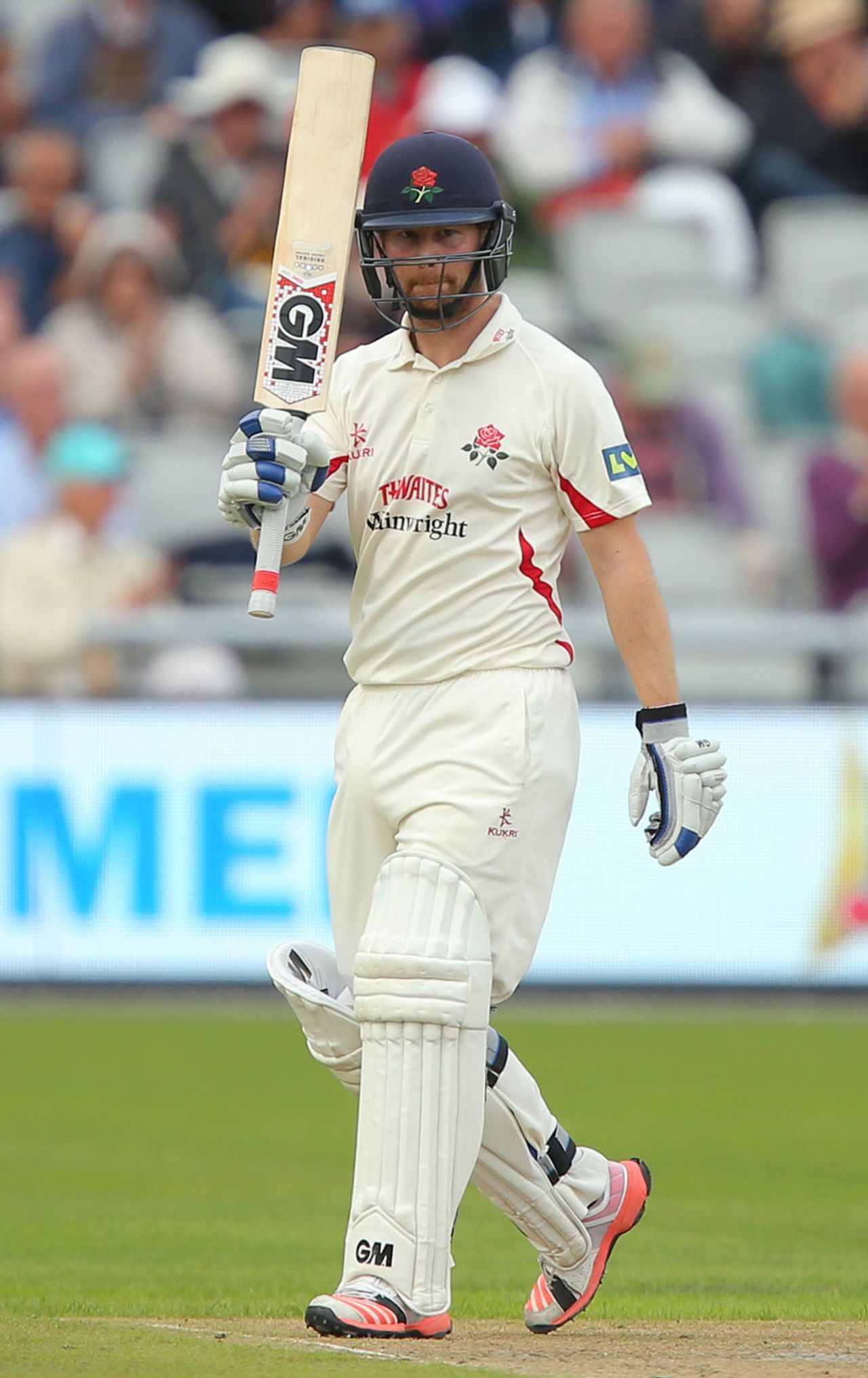 Karl Brown acknowledges his half-century, Lancashire v Glamorgan, LV= County Championship, Division Two, Old Trafford, August 21, 2015