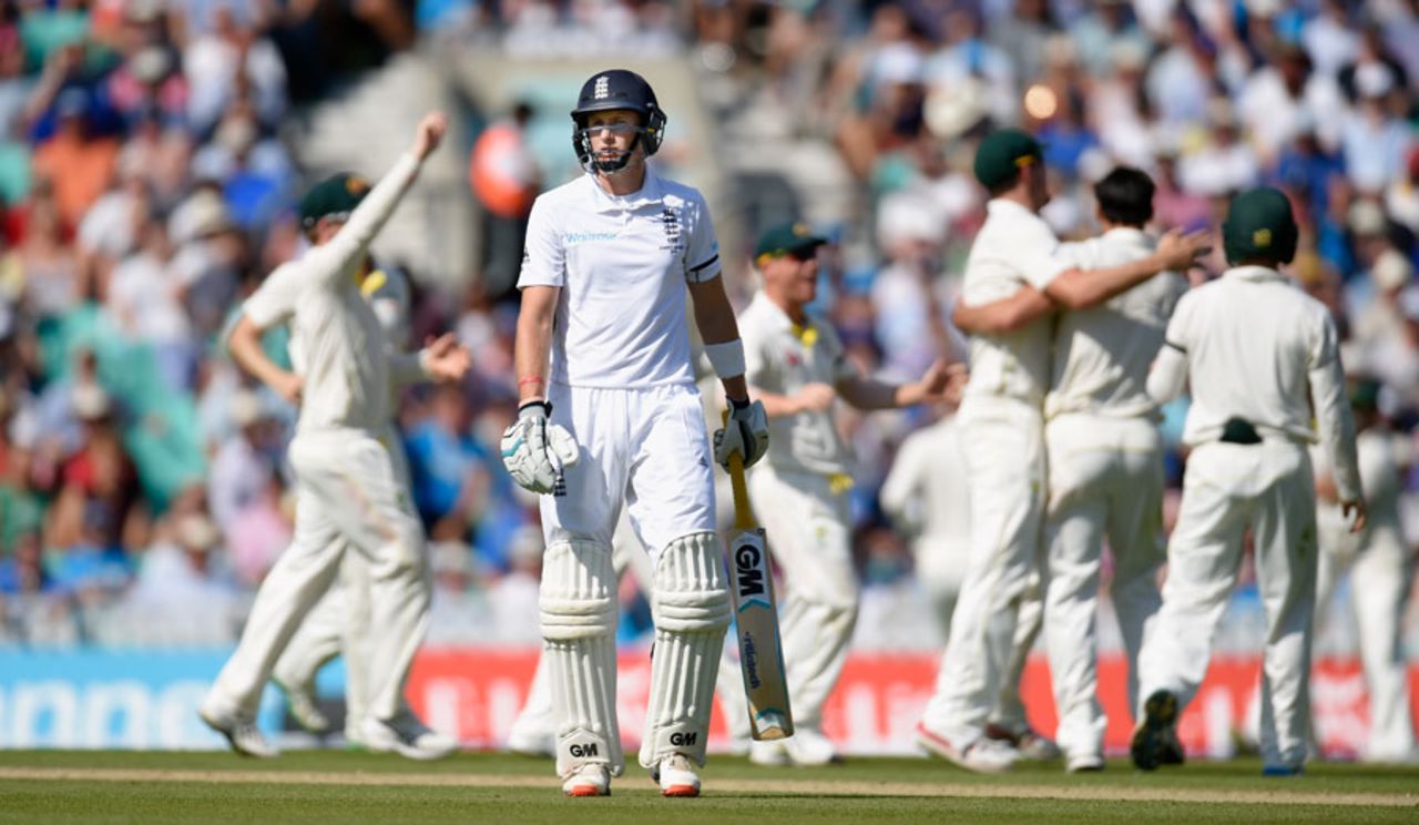Joe Root trudges off the field as Australia celebrate his dismissal, England v Australia, 5th Investec Ashes Test, The Oval, 3rd day, August 22, 2015