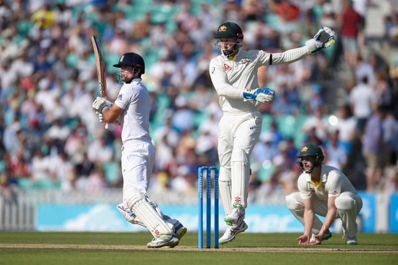 Peter Nevill takes evasive action as Alastair Cook cuts Nathan Lyon, England v Australia, 5th Investec Ashes Test, The Oval, 3rd day, August 22, 2015